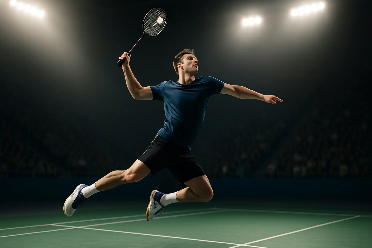 Badminton player mid-smash on a floodlit indoor court during a major tournament