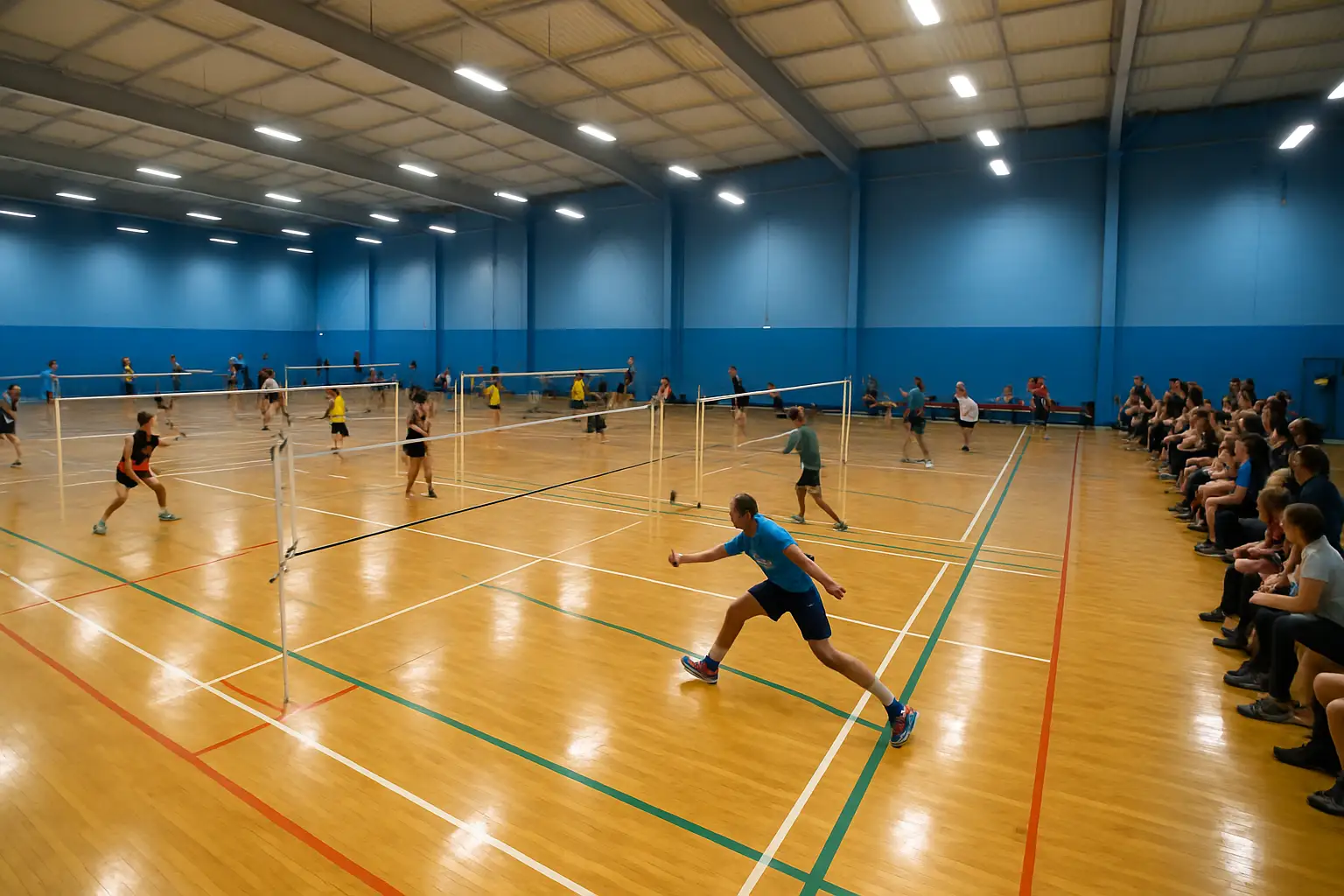 Badminton players competing on an indoor court during a state ranking tournament
