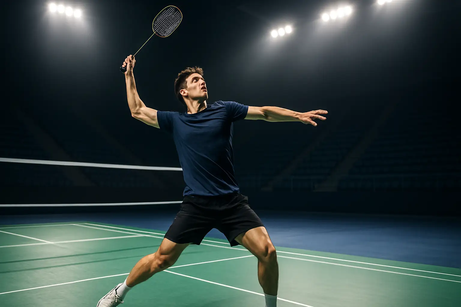 Young badminton player mid-swing at an indoor court during a state championship