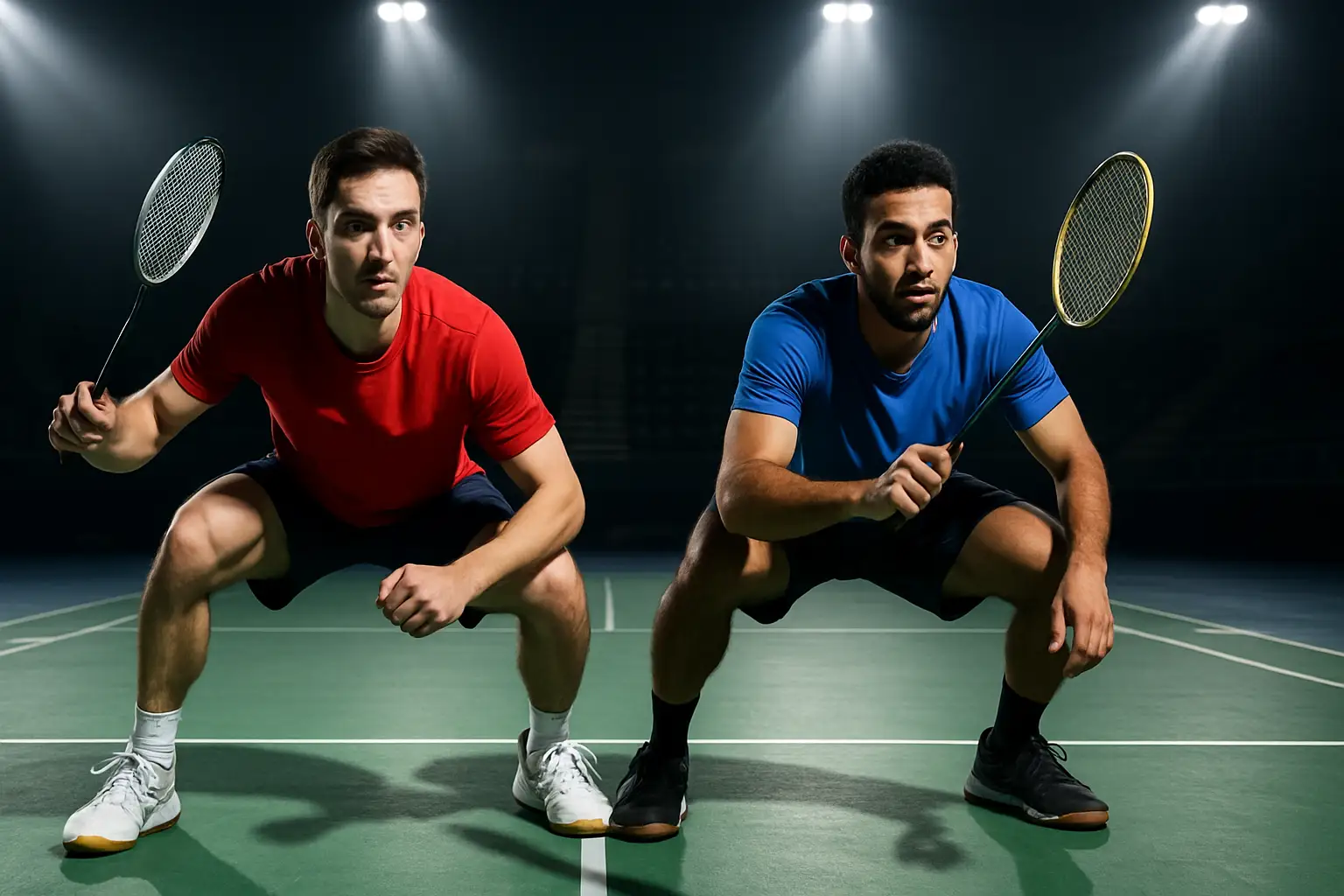 Two male badminton players preparing to serve on an indoor court under bright stadium lights