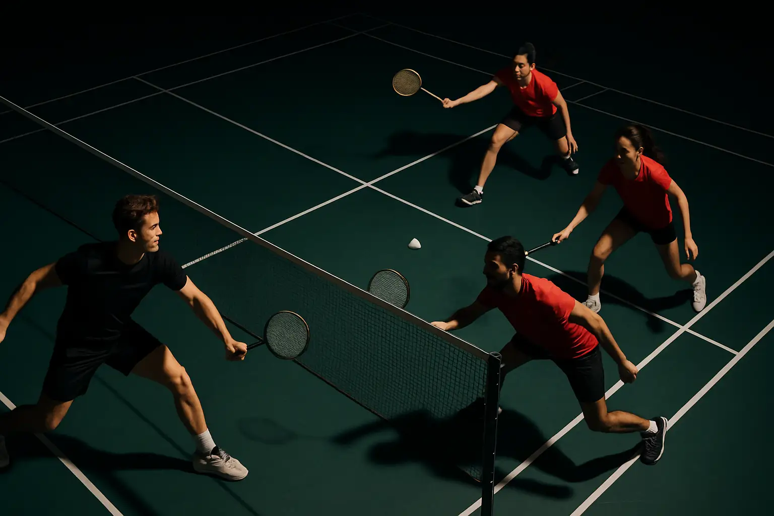 Two pairs of badminton players practicing on an indoor court under bright stadium lights