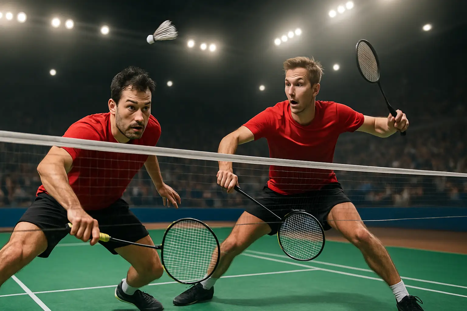 Two male badminton players on a brightly lit indoor court during a high-stakes doubles final