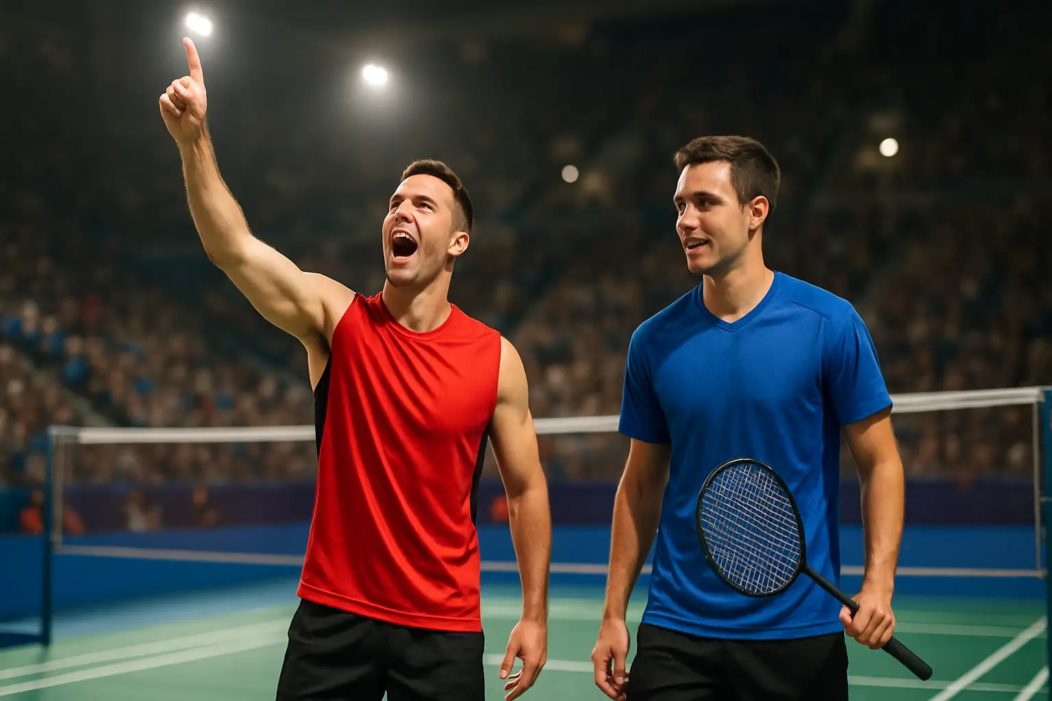 Two male badminton players celebrating on a competition court after winning a match