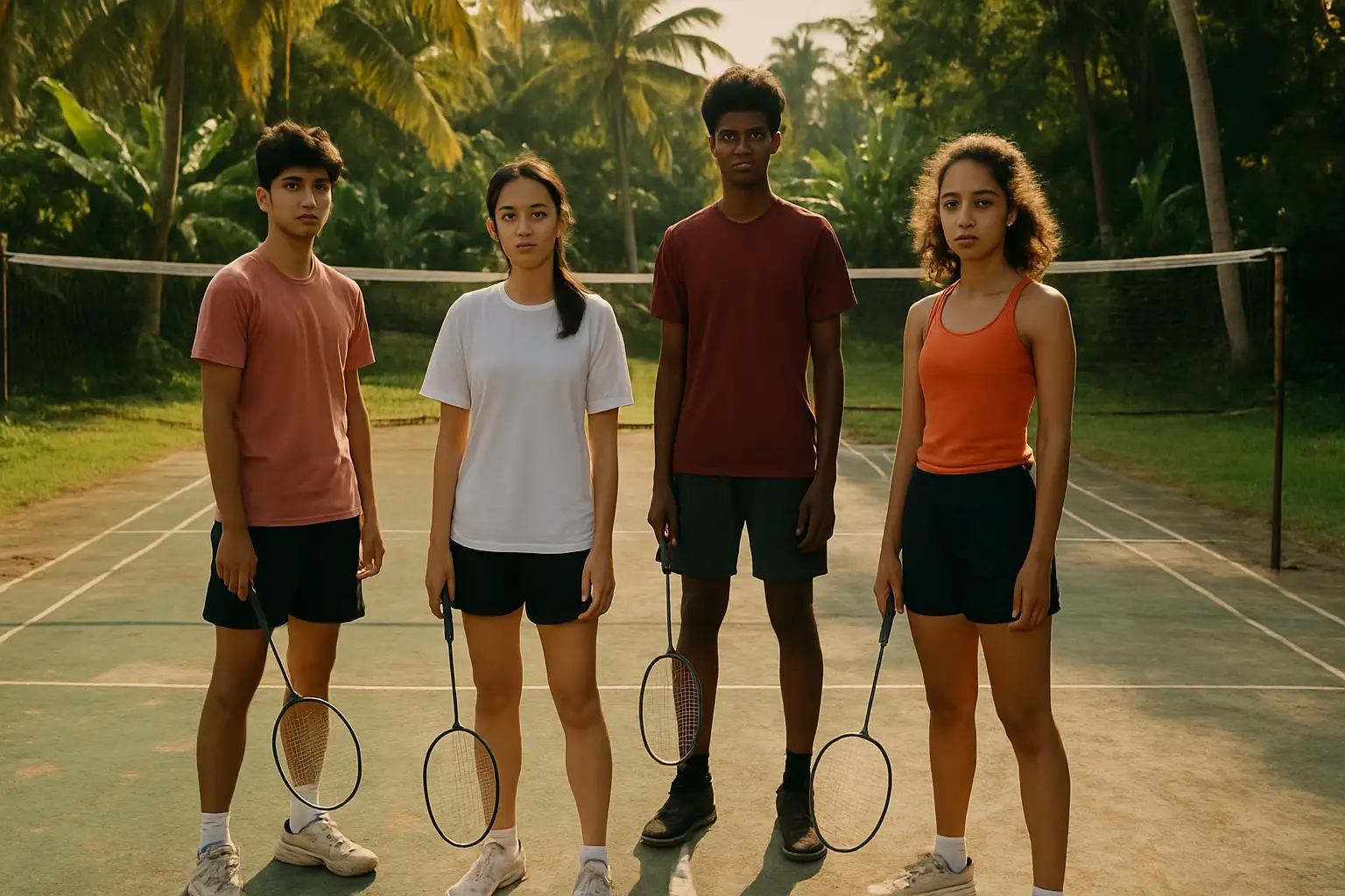 Young badminton players practicing on an outdoor court in a Nigerian community setting
