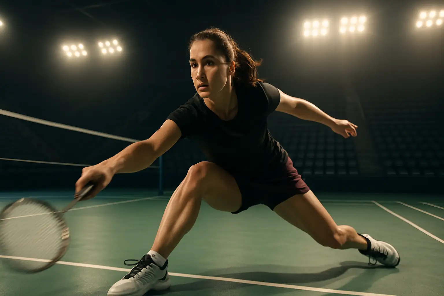 A female badminton player in mid-movement on a brightly lit indoor court, racket raised and focused on the shuttlecock