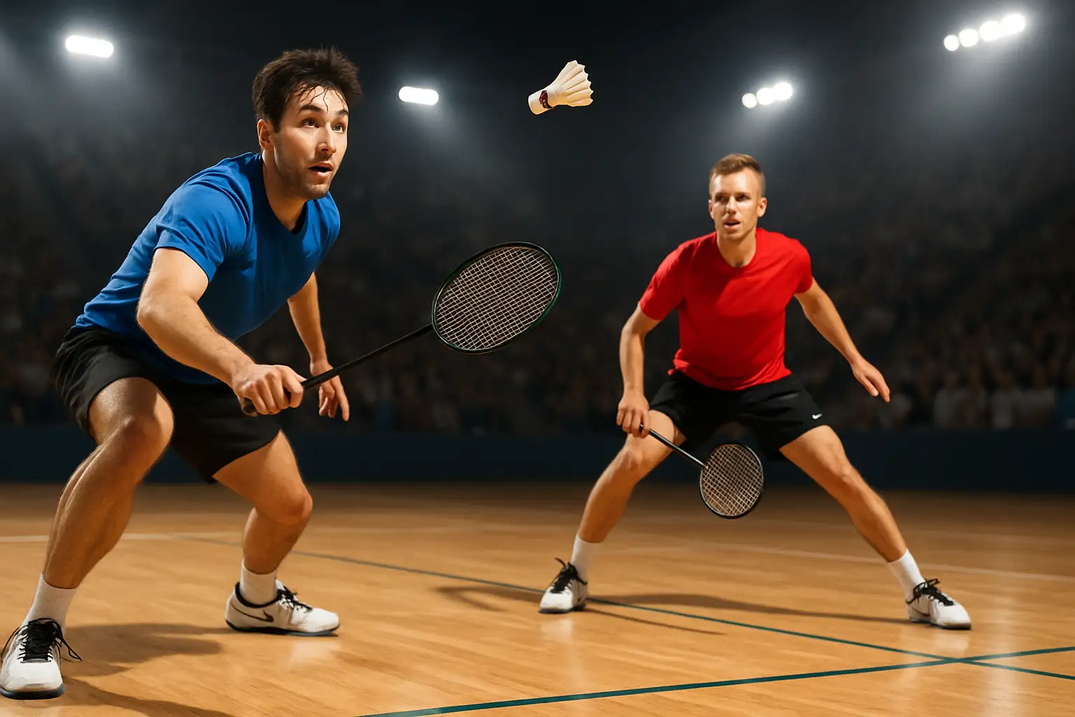 Badminton players competing in an indoor court during a regional ranking tournament