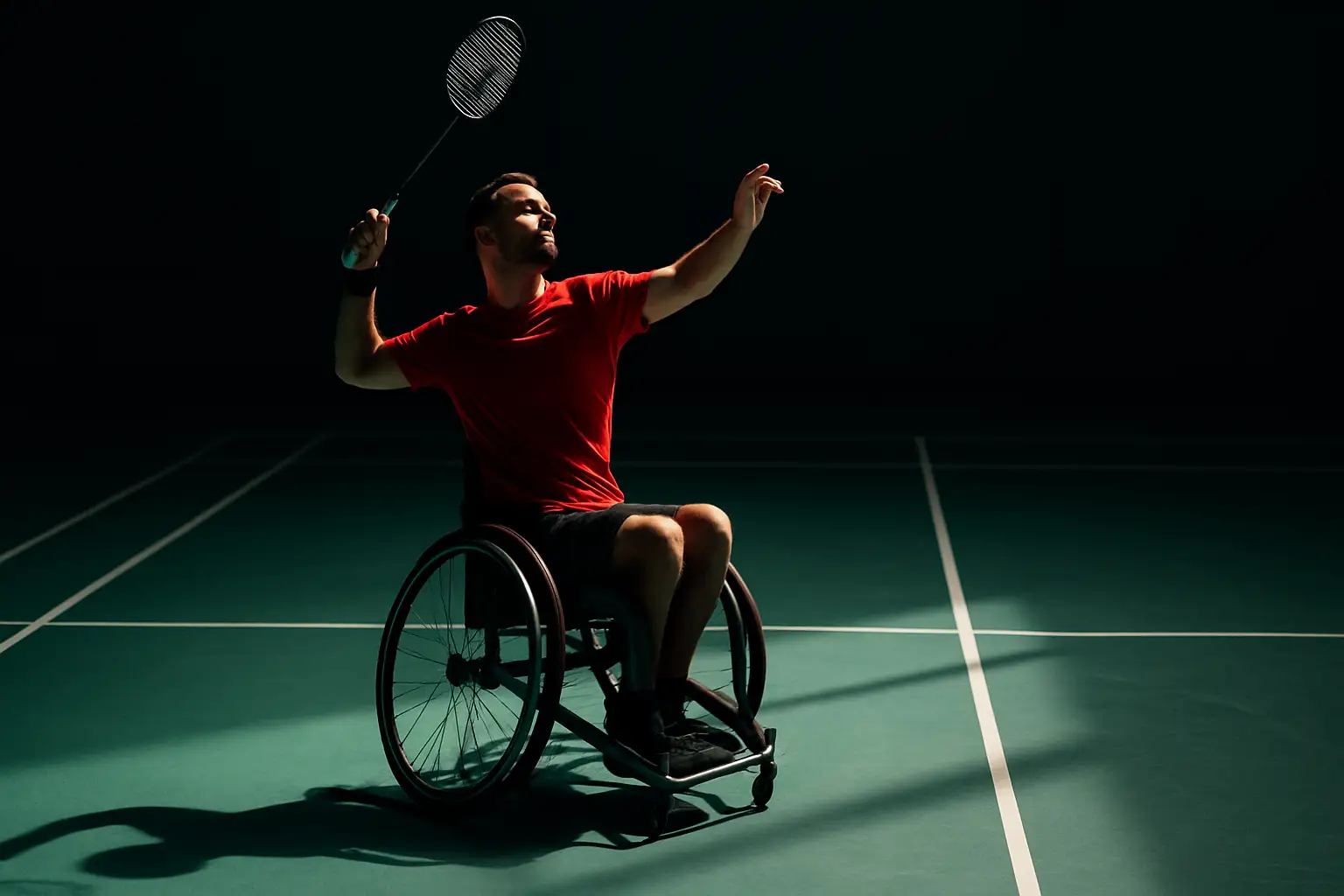 A para badminton player in a wheelchair preparing to serve on an indoor court, focused and determined