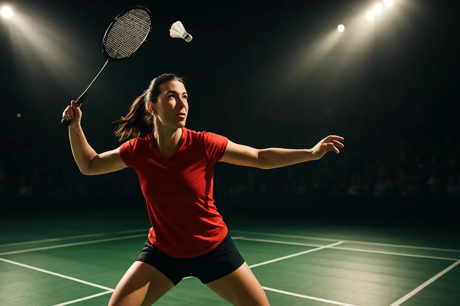Badminton player in action on an indoor court during a major international tournament