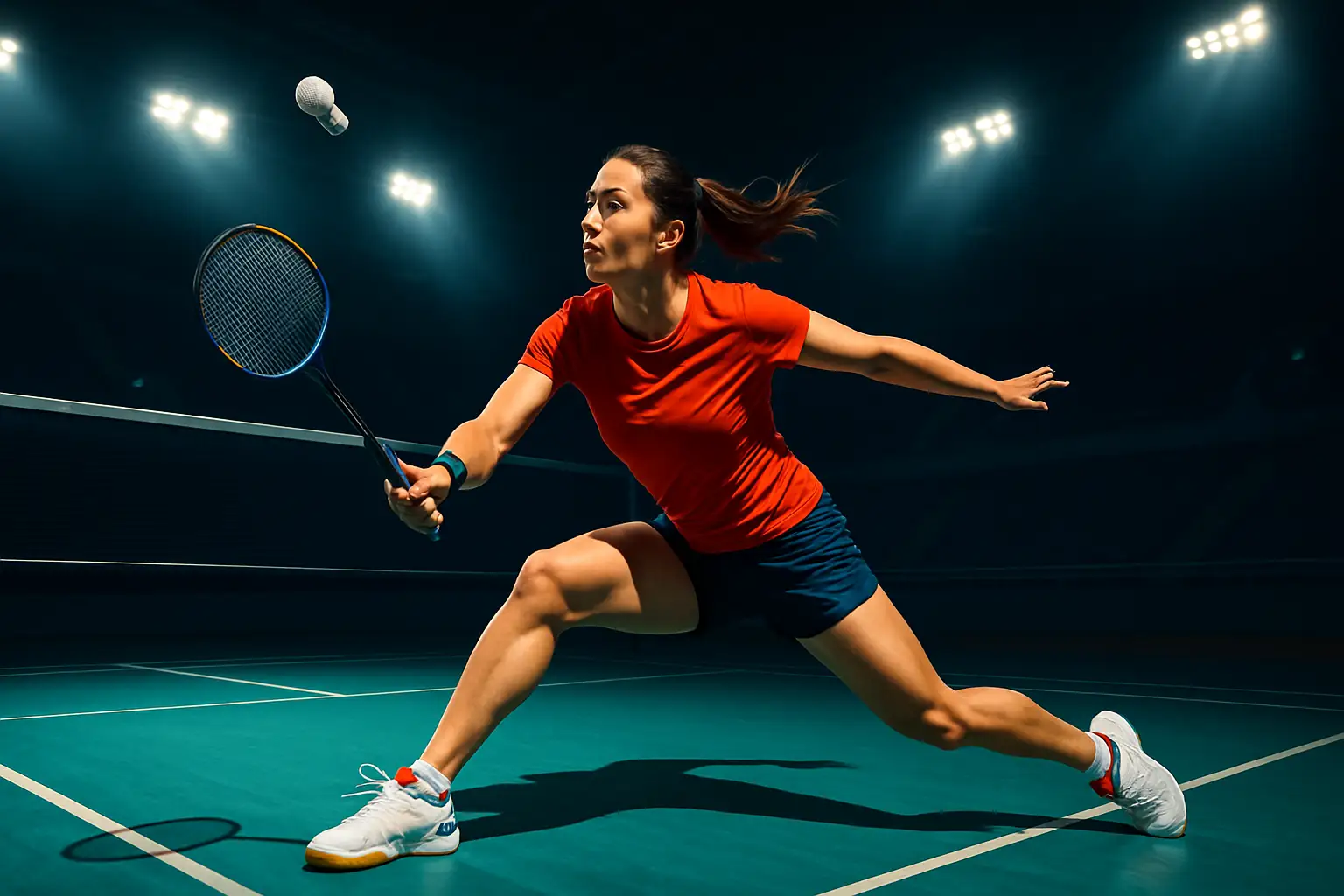 A female badminton player in action on a brightly lit indoor court, racquet raised mid-swing