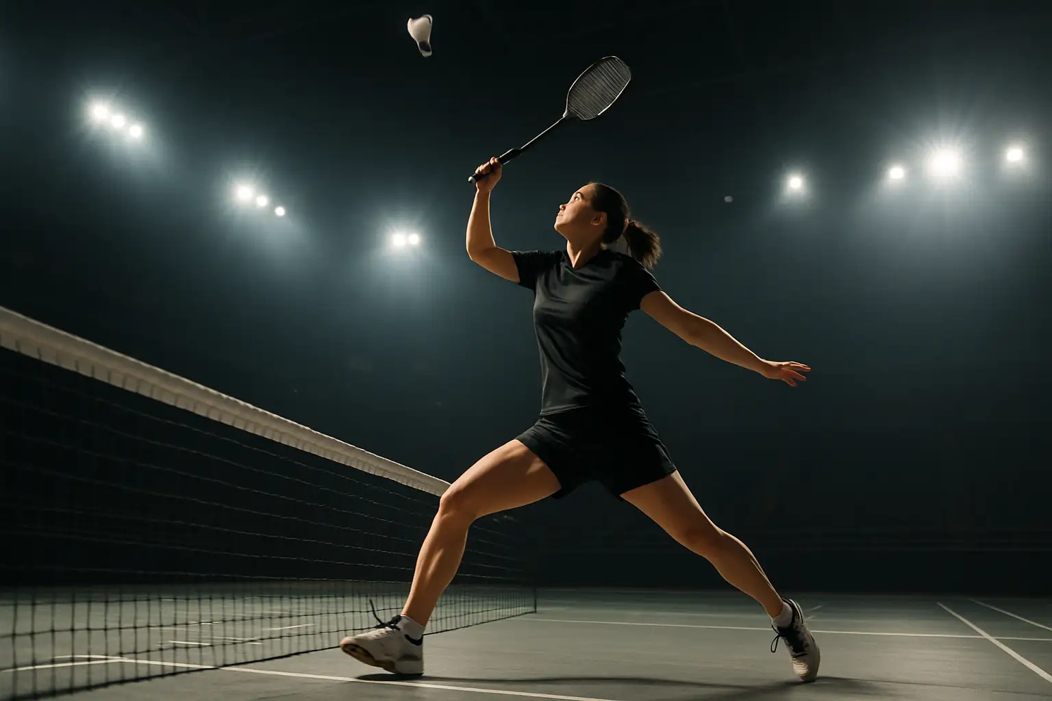 A female badminton player in mid-smash on a brightly lit indoor court, viewed from a low angle
