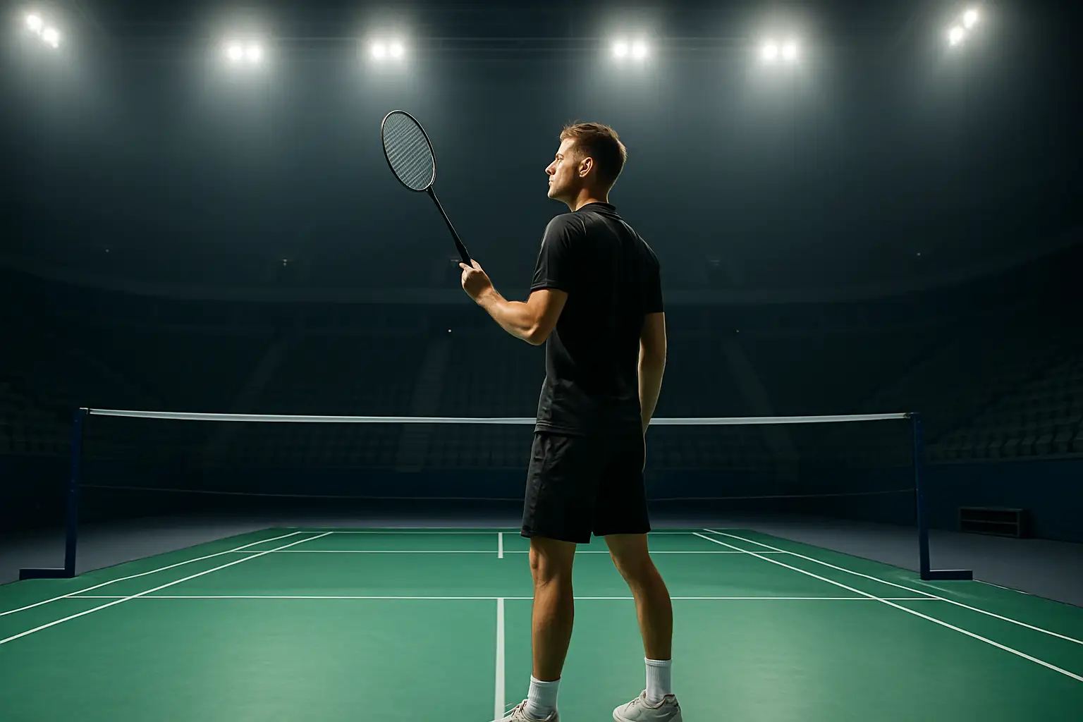 A badminton player preparing to serve in a large indoor arena with bright overhead lighting