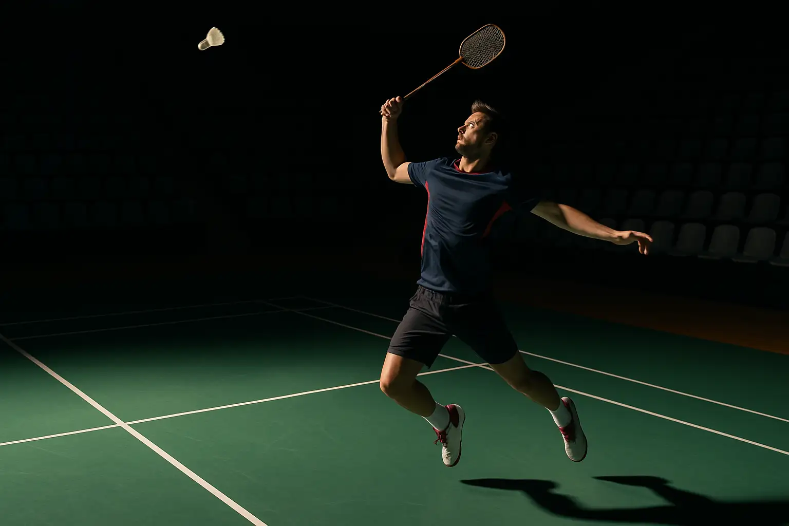 An Indian badminton player mid-smash on an indoor court under bright tournament lighting