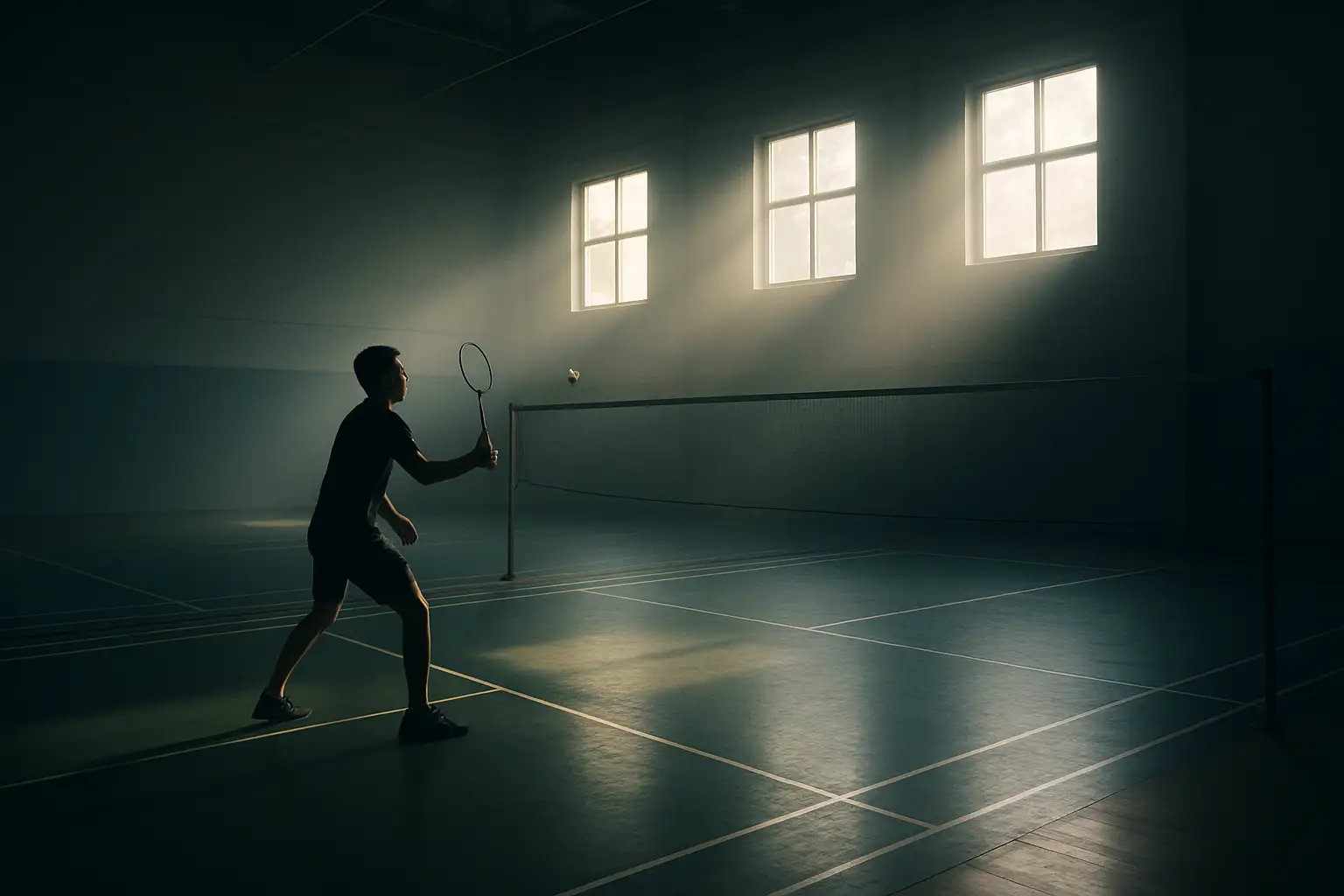 A badminton player in an empty training hall hitting a shuttlecock alone under bright overhead lights