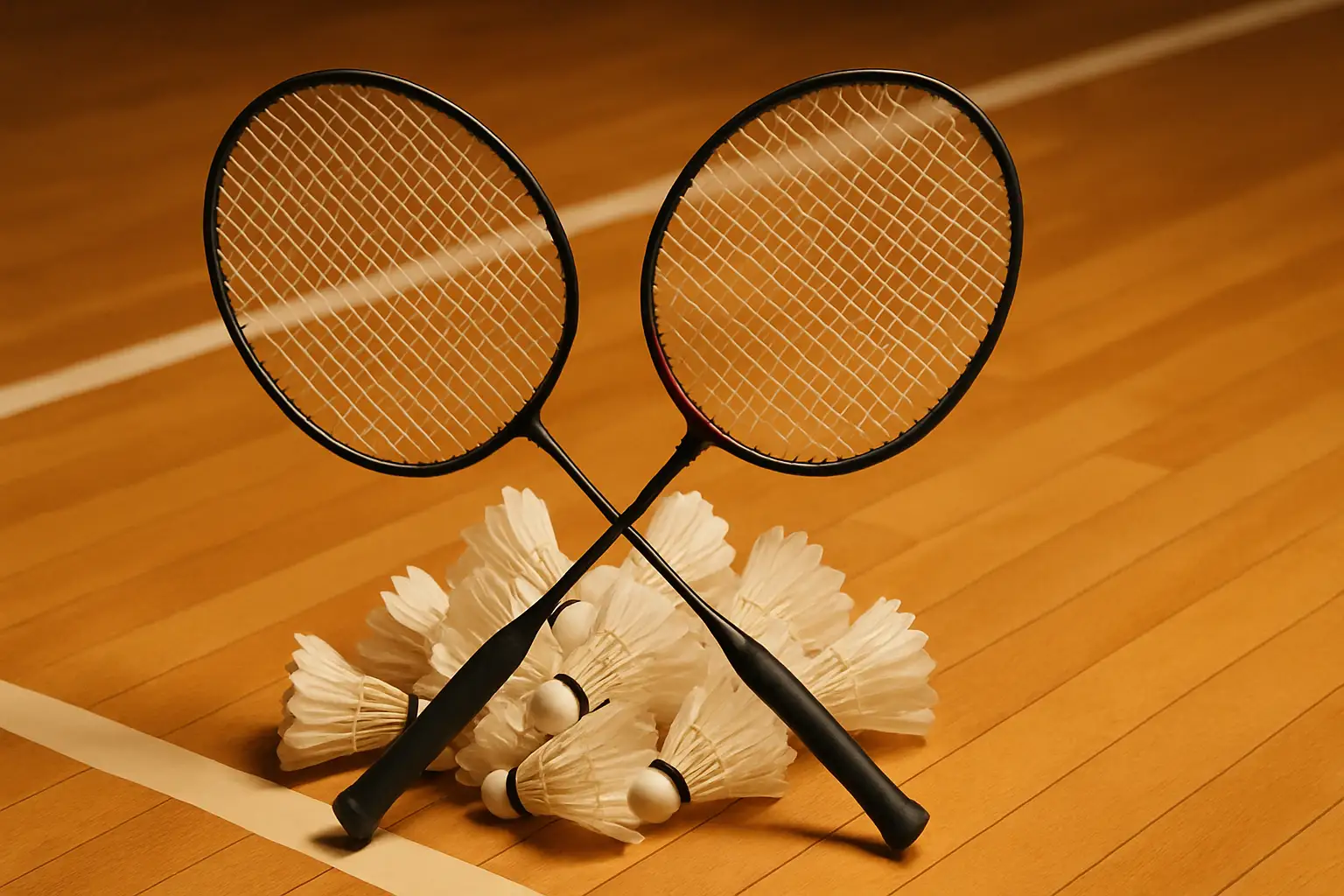 Badminton rackets and shuttlecocks on a school sports court