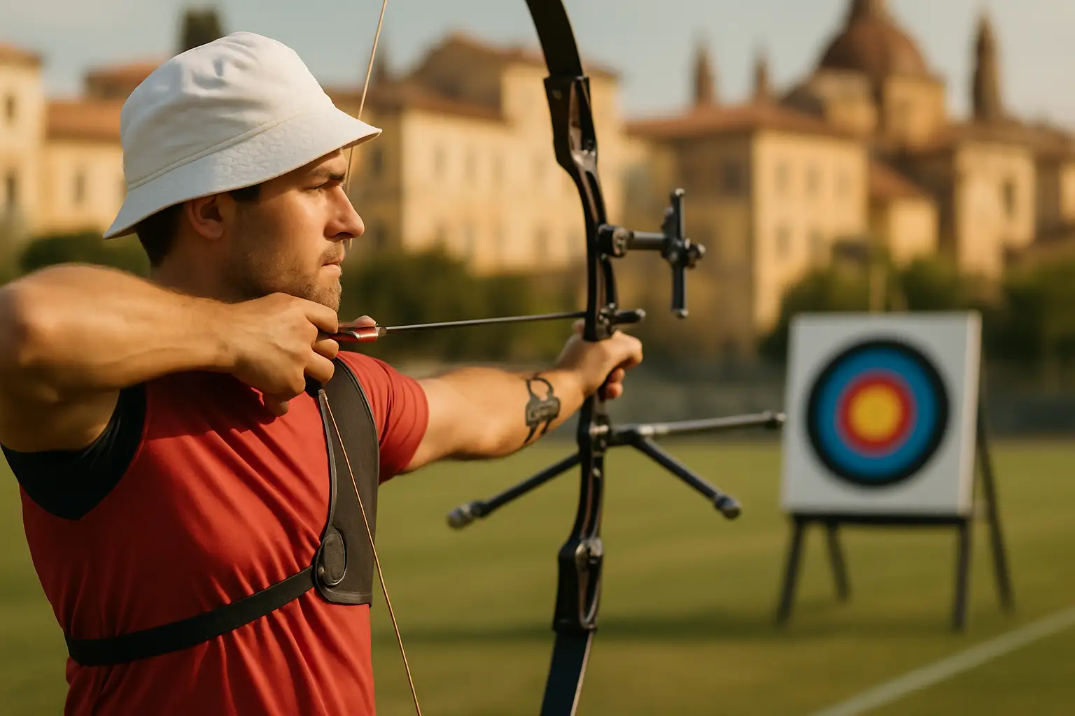 An archer drawing a bow and aiming at a target during an outdoor competition in a European city setting