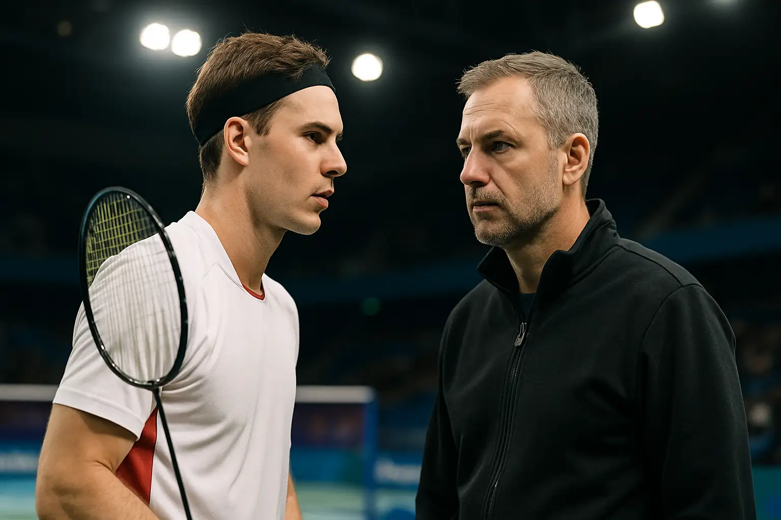 A badminton player and coach sharing a focused moment courtside during a tournament