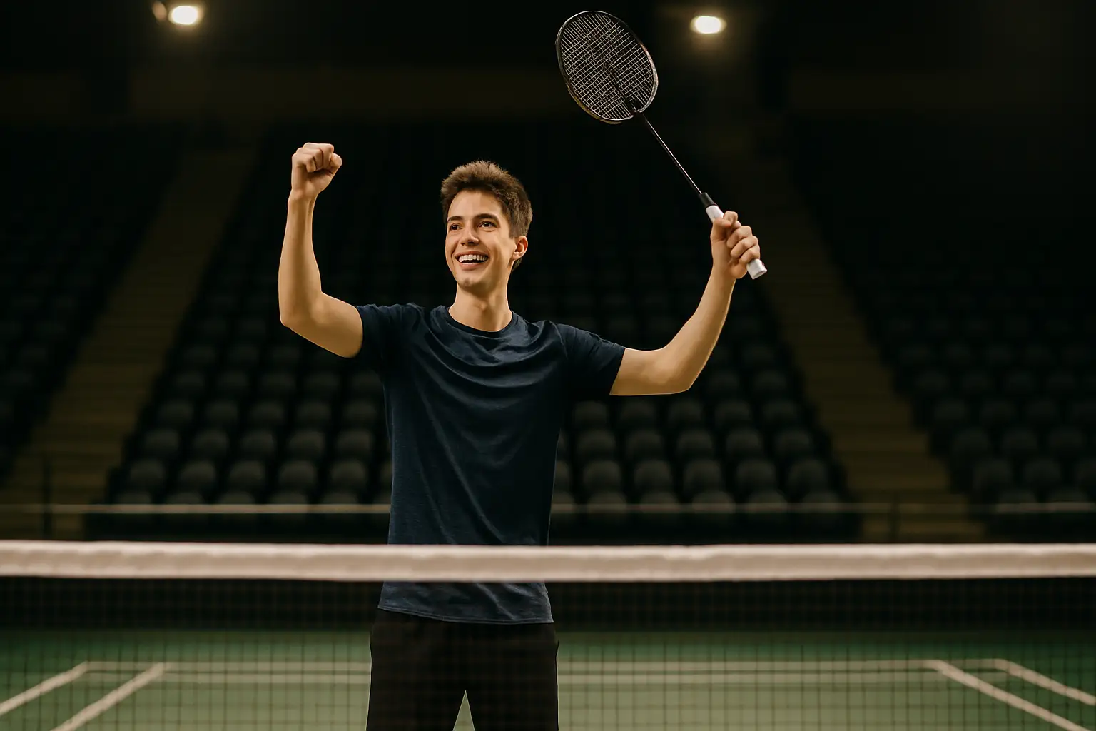 Badminton player celebrating a championship match victory on an indoor court