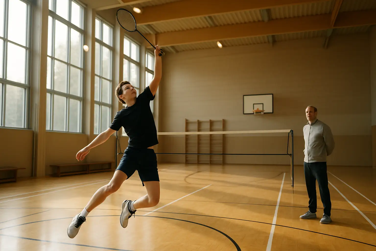 Badminton player training inside a modern indoor court in a northeastern Indian state