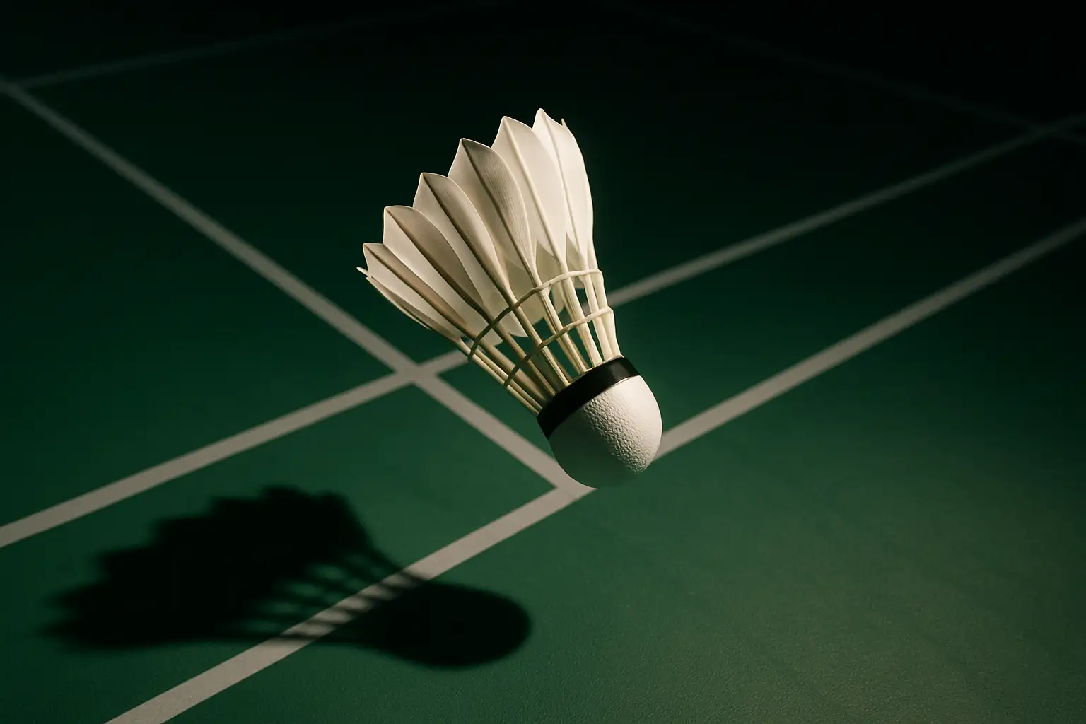 A badminton shuttlecock in mid-air over a competition court with stadium lighting