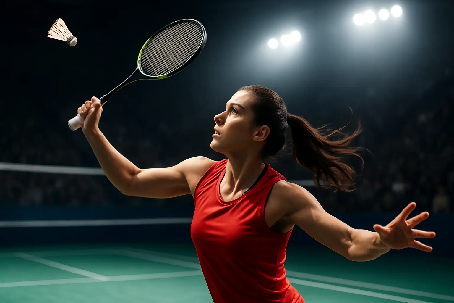 A female badminton player in action on an indoor court during a singles match