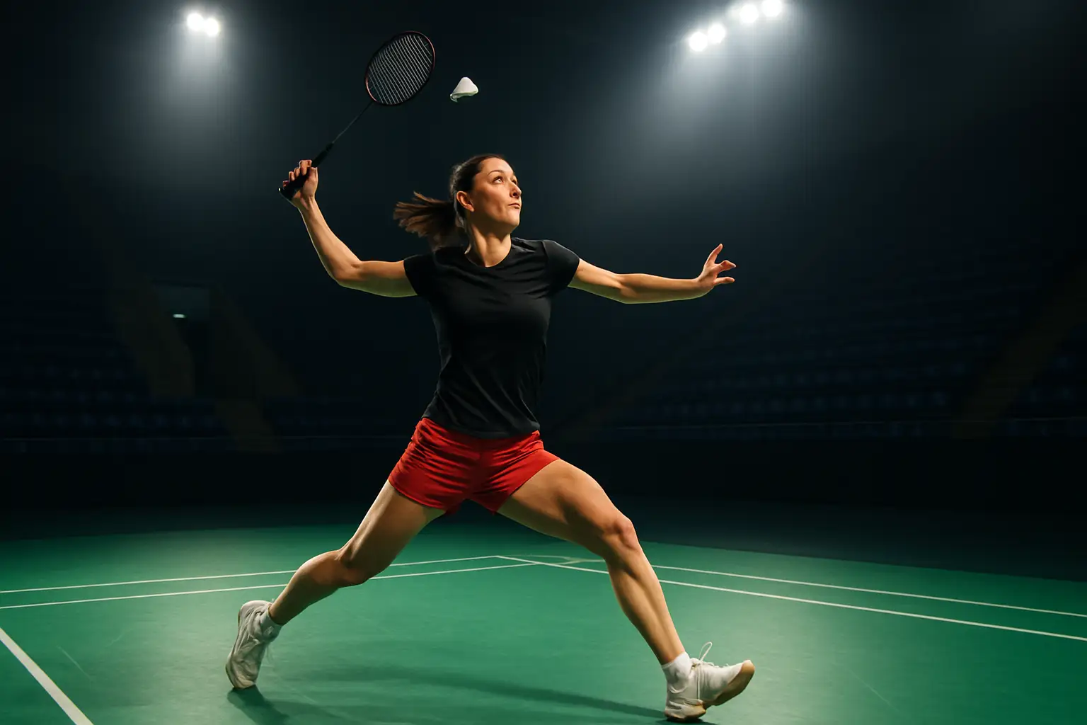 A female badminton player mid-swing on an indoor court under bright arena lights