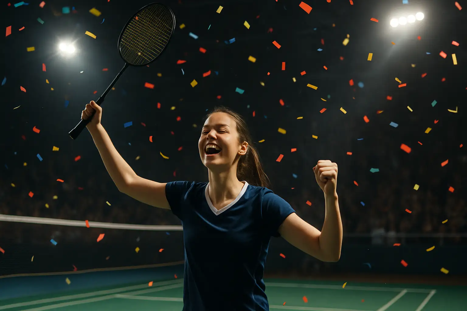 Indian badminton player celebrating a championship win on court