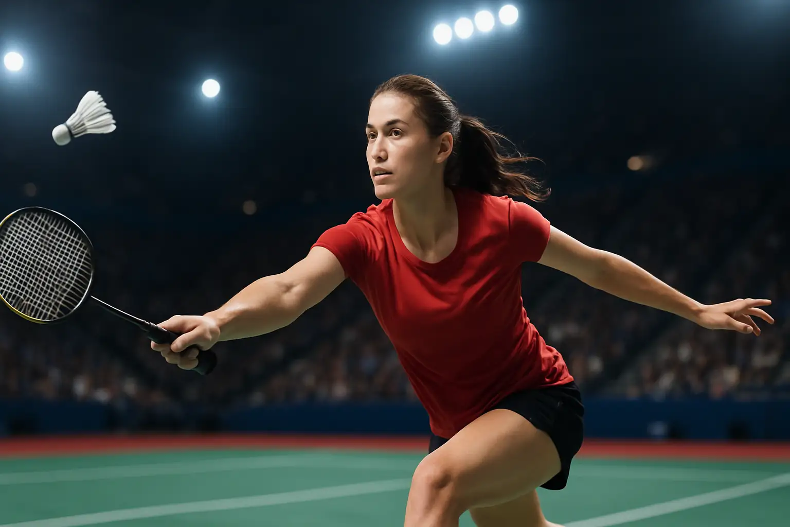 A badminton player in mid-rally on a floodlit indoor court, racket raised