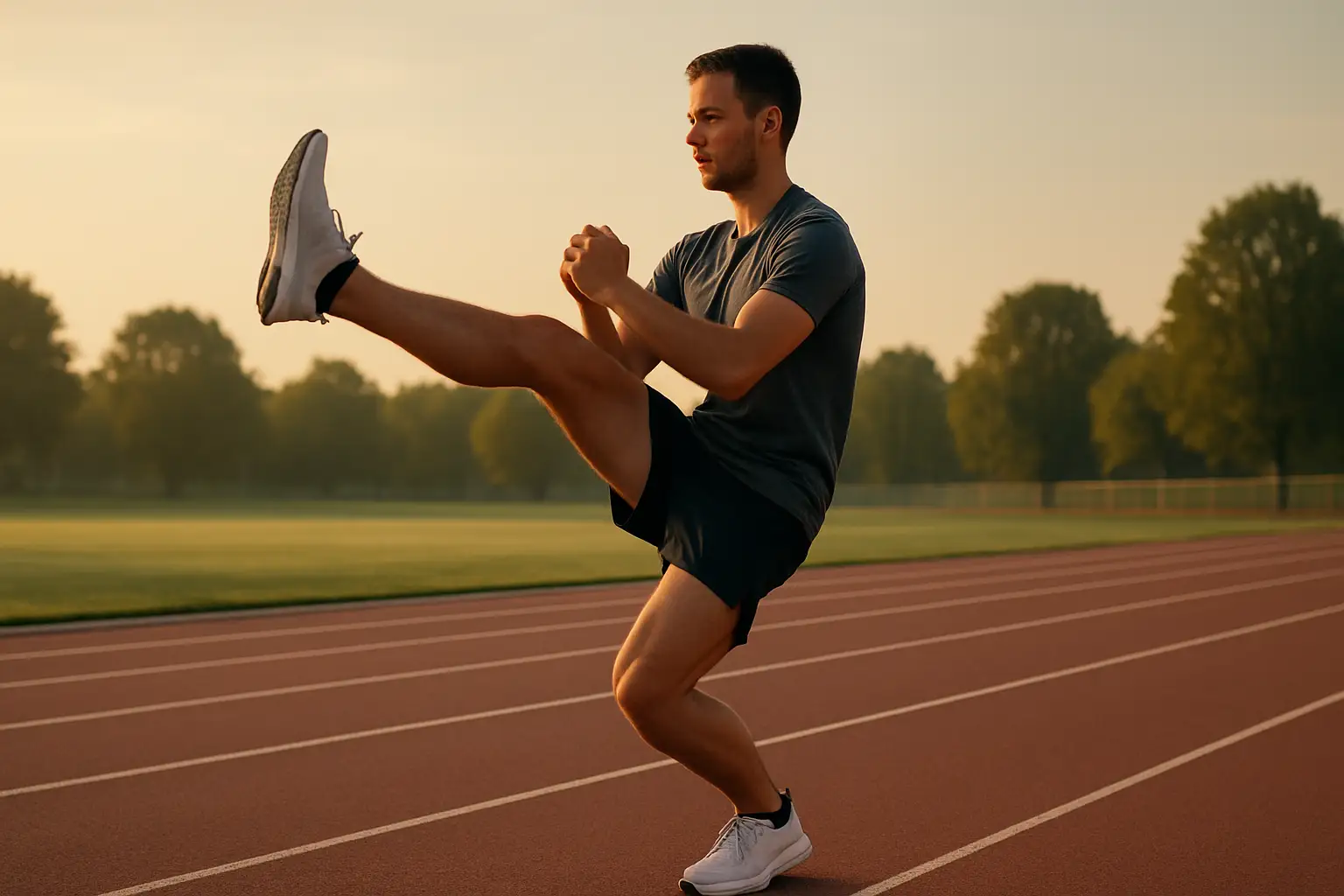 Athlete stretching legs on a track before a sprint session