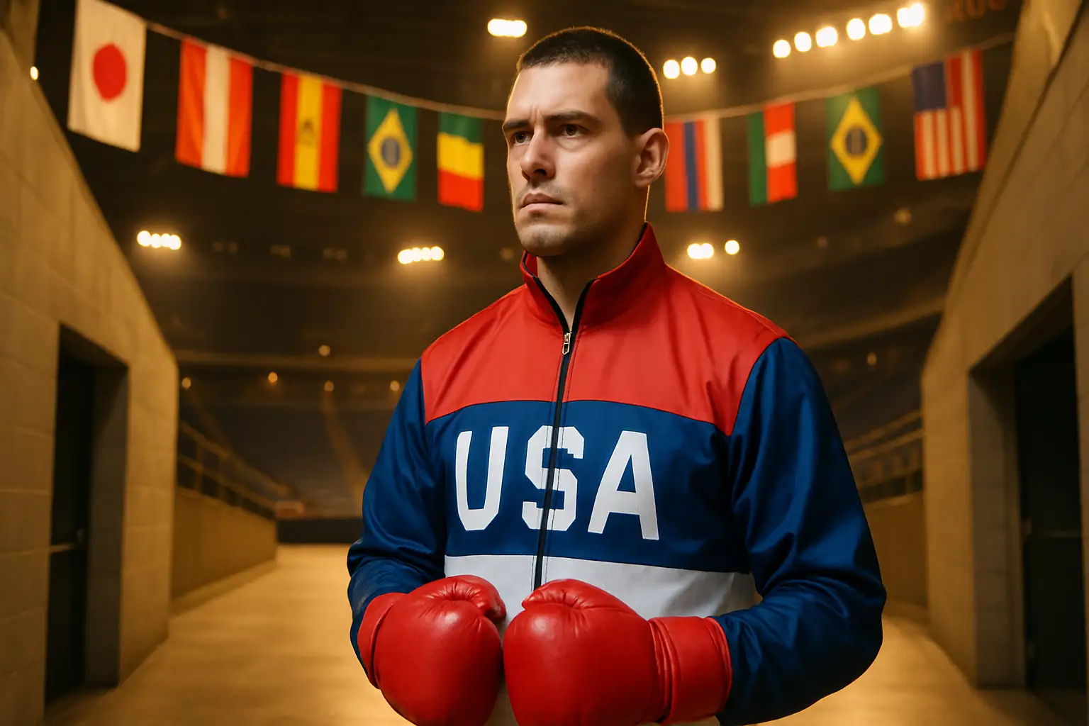 A boxer in national team gear standing in a sports arena with flags of different nations in the background