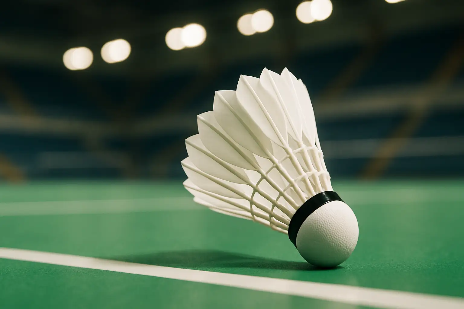 Badminton shuttlecock on an empty court with tournament seating in the background