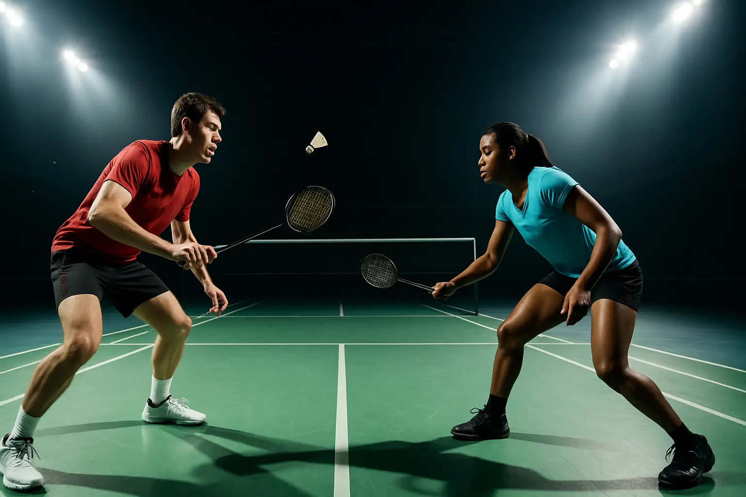 Two badminton players facing off across a net in a large arena under bright overhead lights