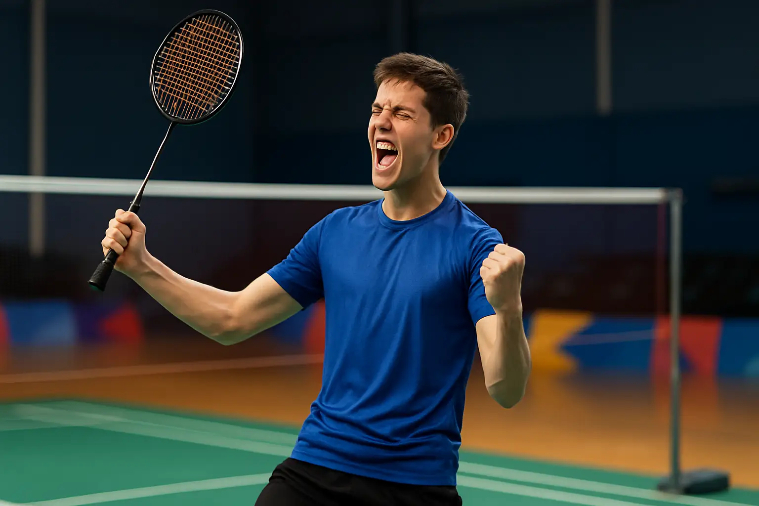 Indian badminton player celebrating on court after a major match at an Asian championship