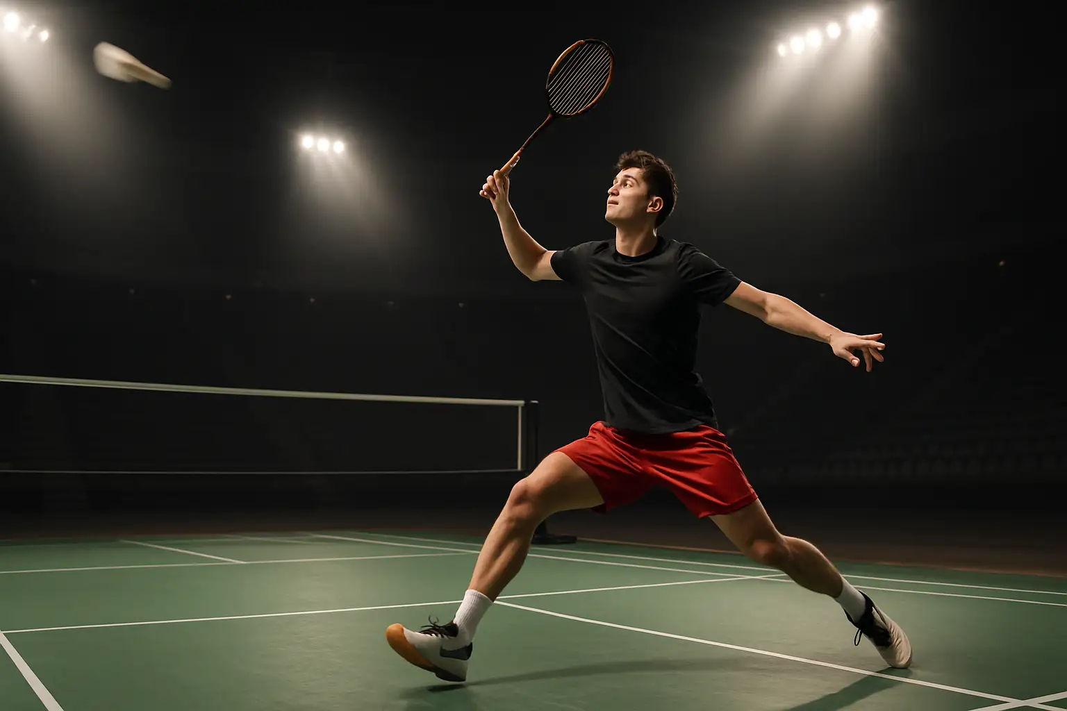 Young Indian badminton player mid-smash on a floodlit championship court