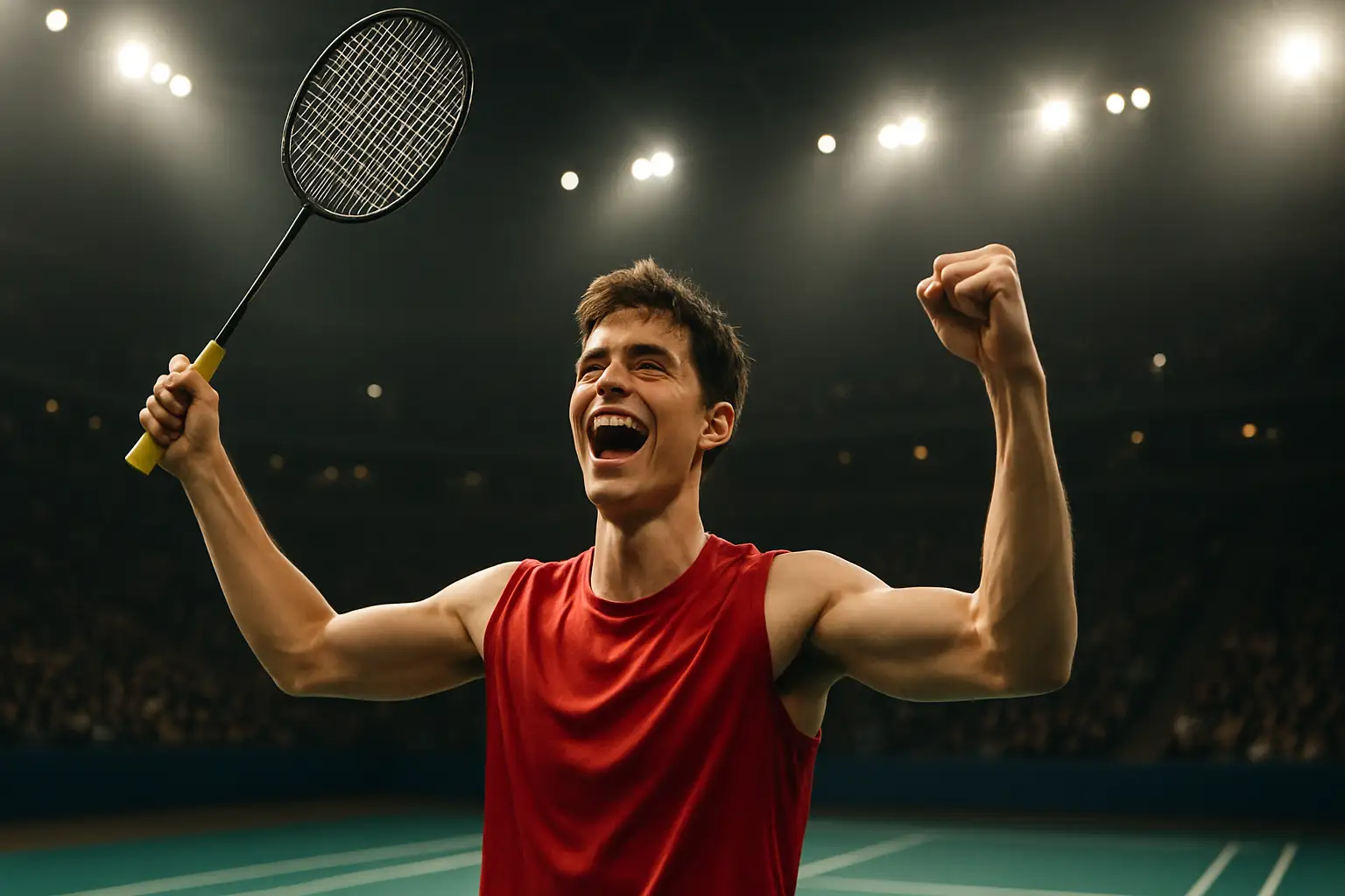 Young badminton player celebrating a victory on a brightly lit indoor court