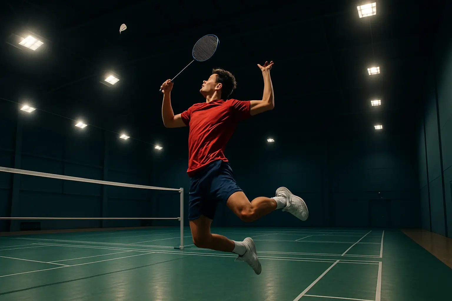 A badminton player mid-jump smashing a shuttlecock in a bright indoor arena