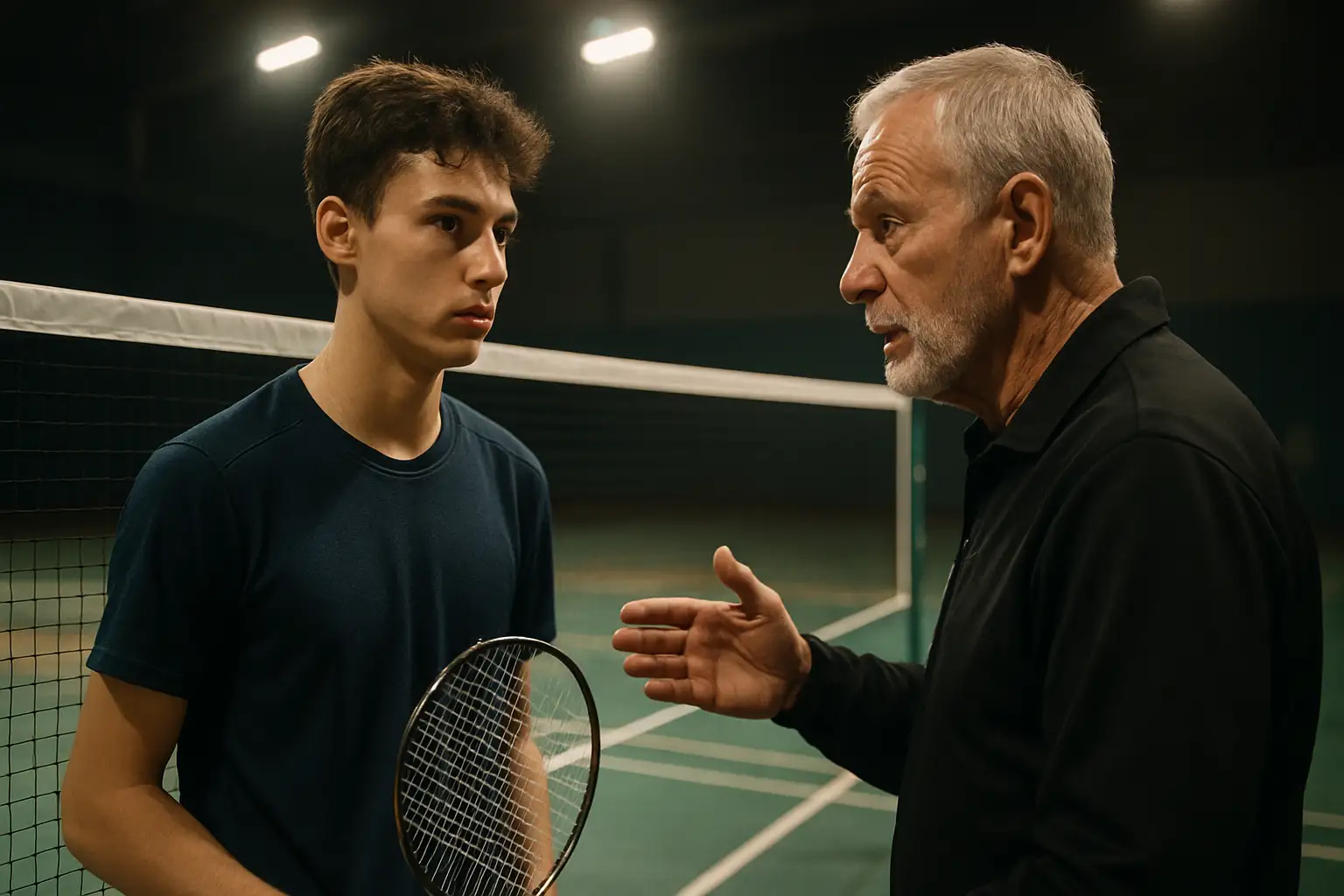 A badminton player and coach discussing tactics courtside during training