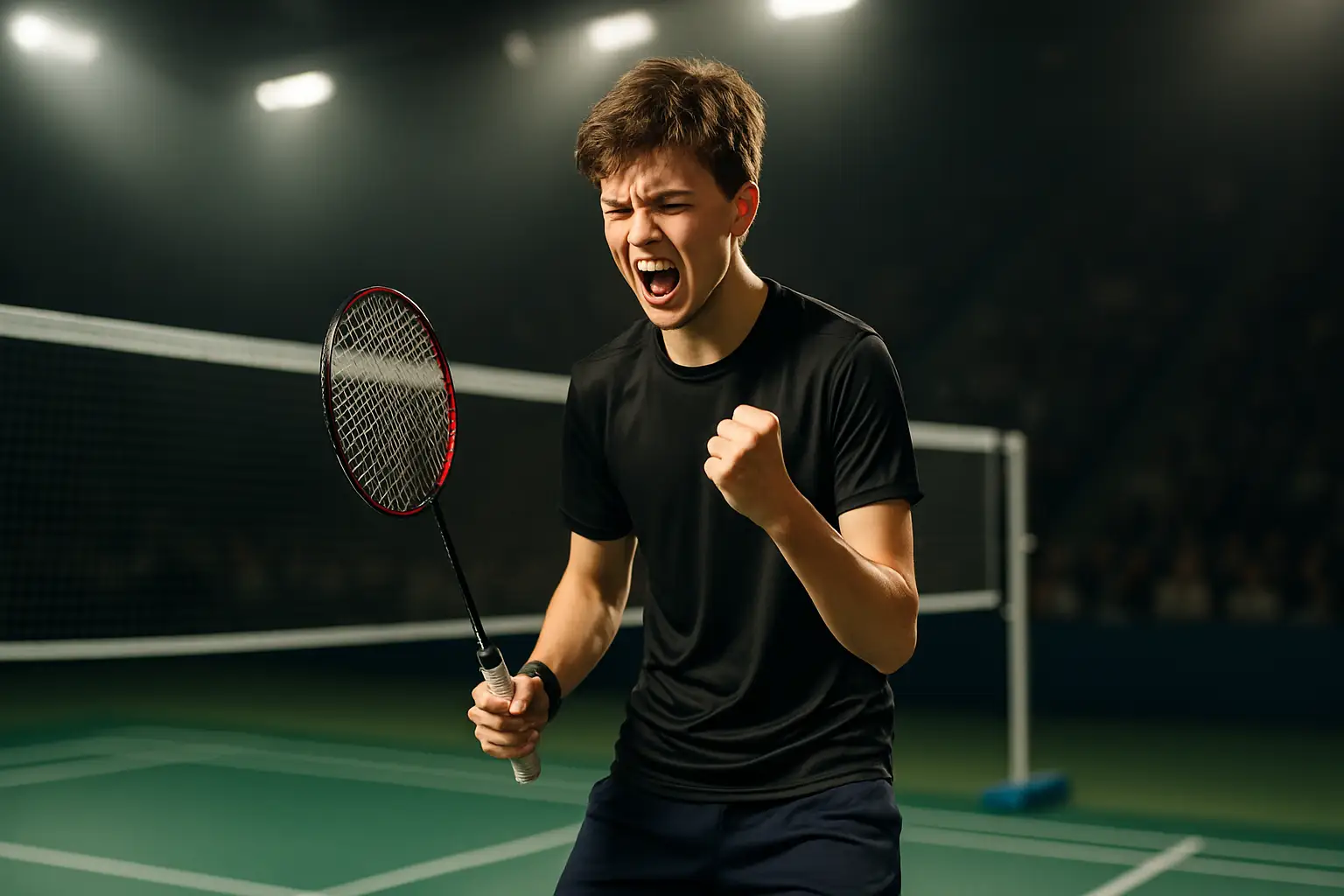 Young badminton player celebrating an upset win on an indoor court during a junior championship