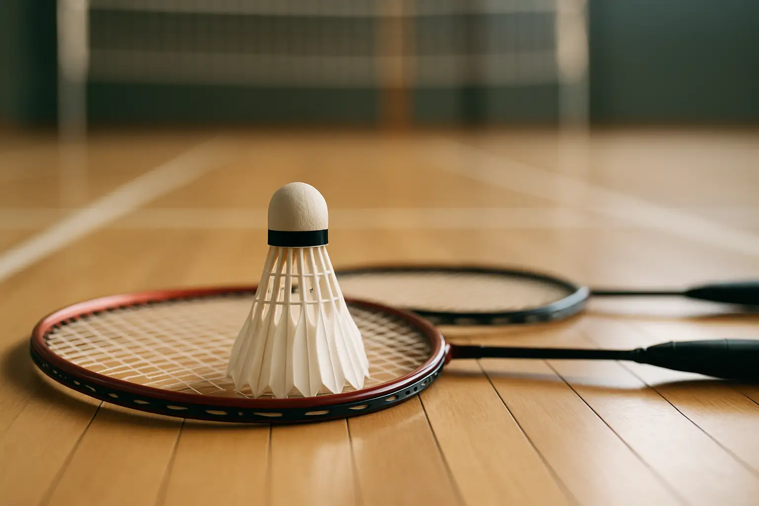 A badminton shuttlecock on a court with rackets resting nearby before a championship match