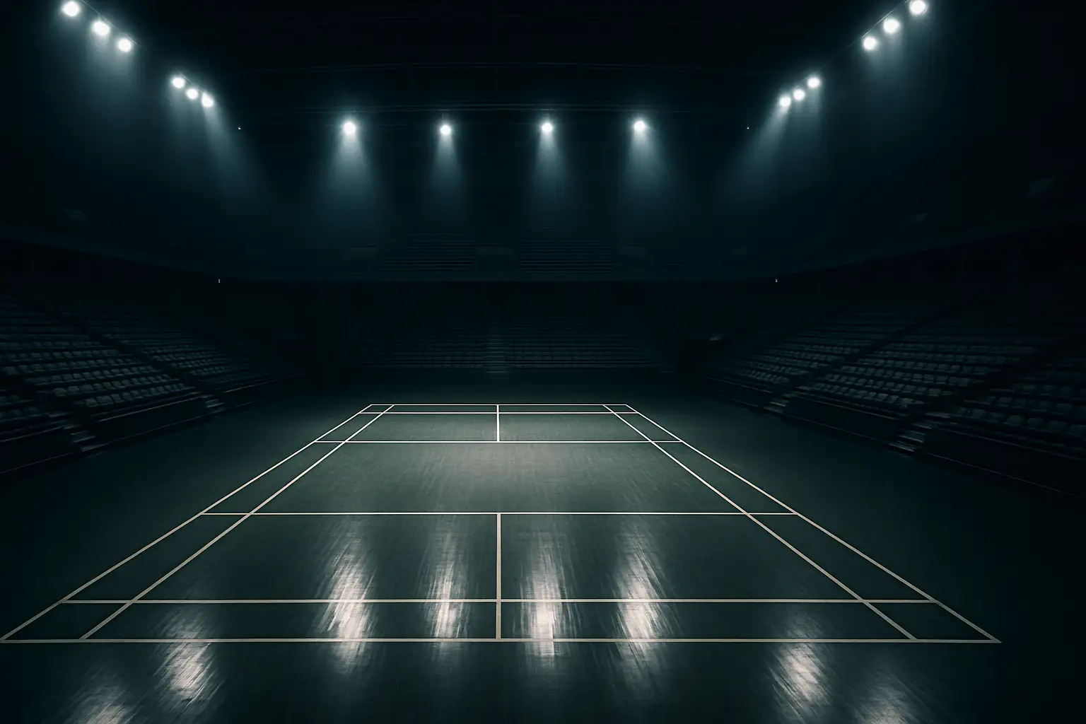 Empty sports arena with badminton court markings on the floor and stadium lights overhead