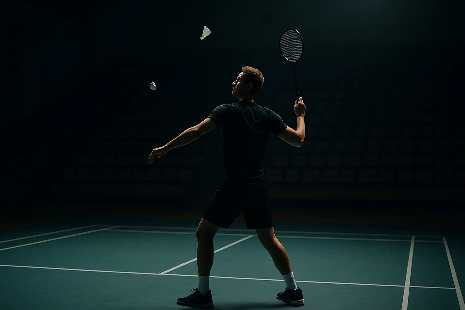 Badminton player preparing to serve in a tense club match