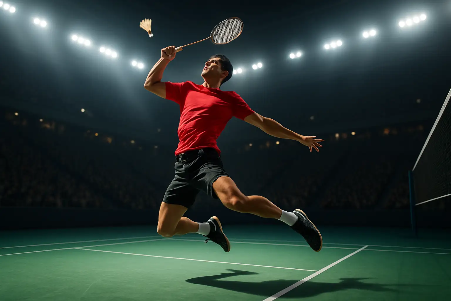 A badminton player mid-swing on a floodlit indoor court during a major tournament final