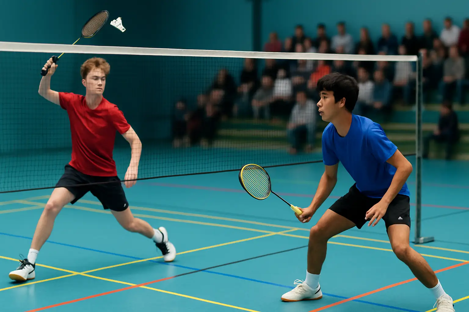 Young badminton players competing in a junior tournament on an indoor court