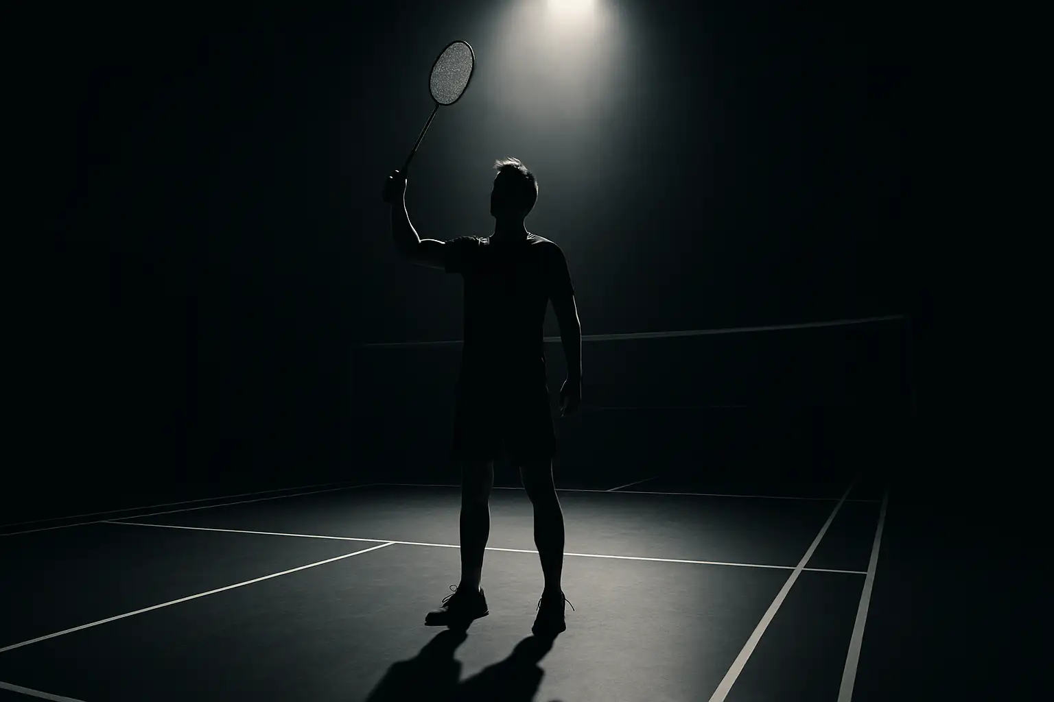 A badminton player holding a racket on a well-lit indoor court, viewed from a low angle with stadium lights above