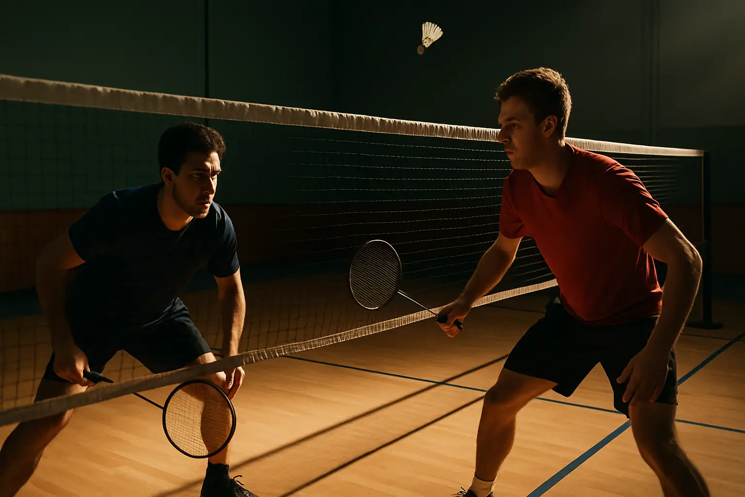 Two badminton players competing in an intense rally during a grand final match in an indoor court
