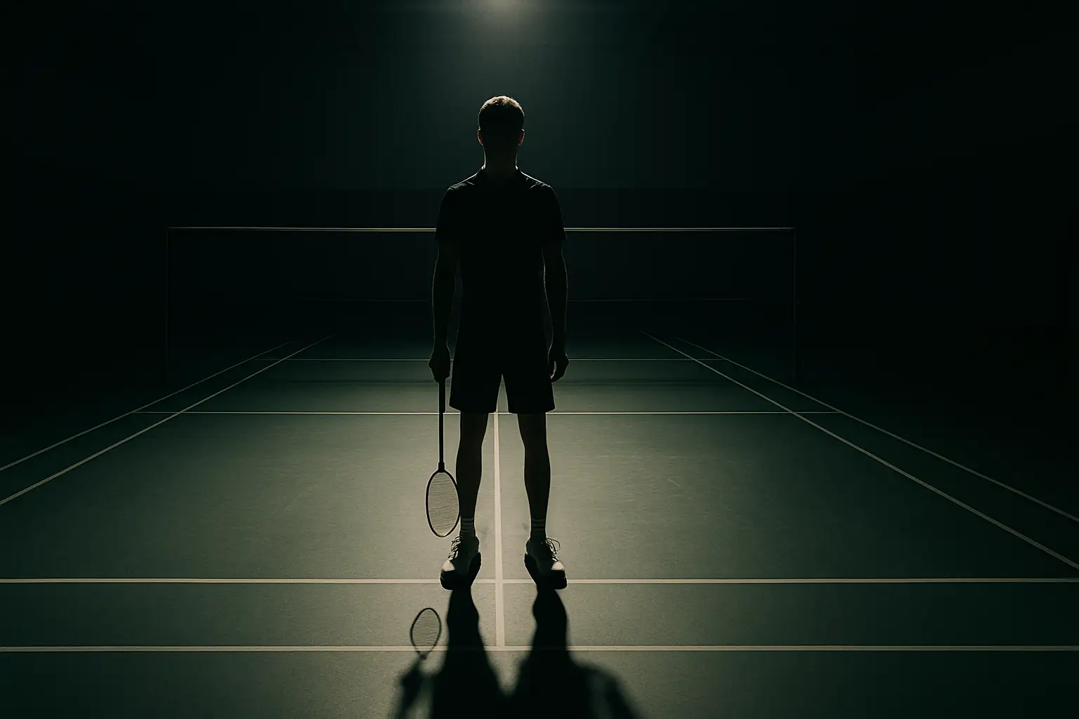 A badminton player standing confidently on court holding a racket