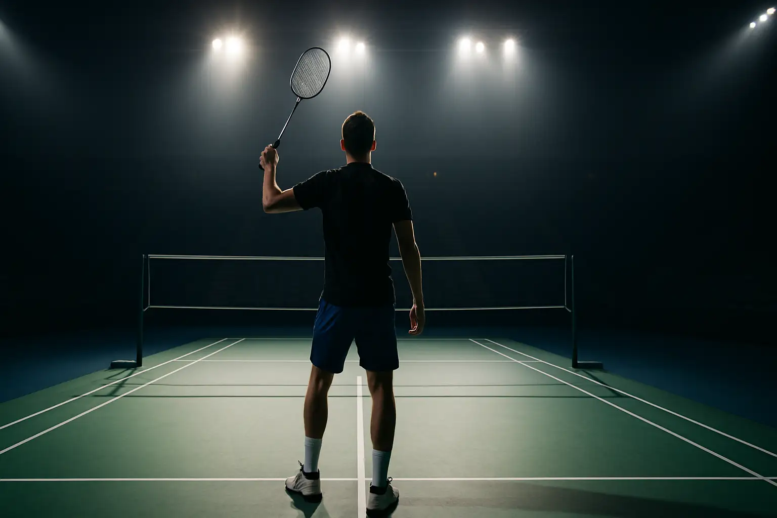 Badminton player preparing to serve in an indoor arena with bright overhead lighting