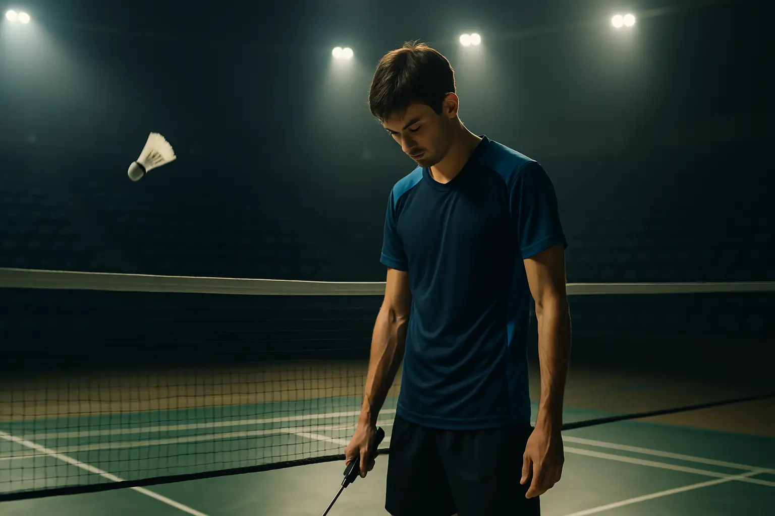 A badminton player standing on court, shuttlecock in mid-air, crowd blurred in the background