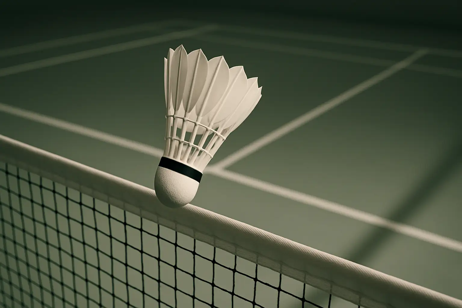 A badminton shuttlecock mid-air above a court net during a competitive match
