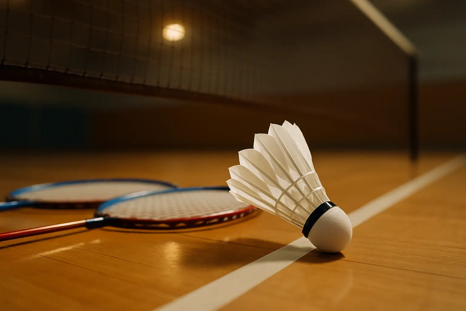 Badminton shuttlecock resting on a court near the net with rackets in the background
