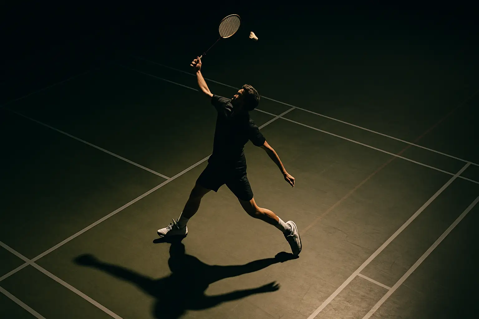 A badminton player in action on an indoor court, shuttle in mid-air under bright arena lights